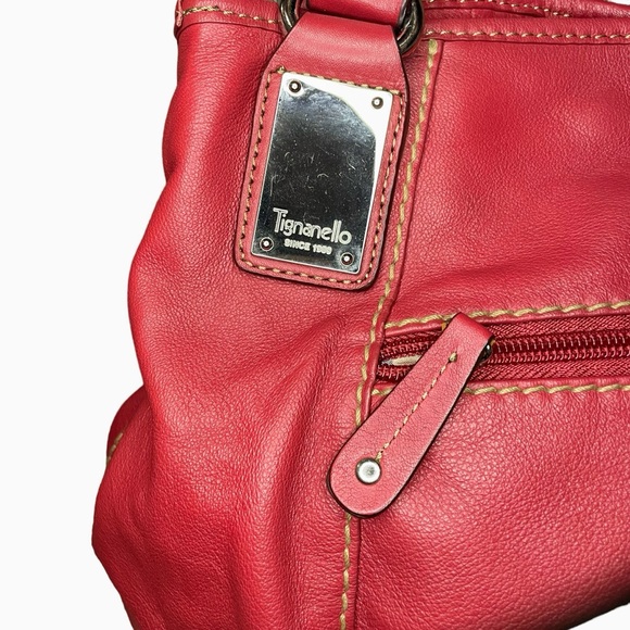 Tignanello Red Leather Hobo Bag With Striped Satin Interior Shoulder Purse - Picture 8 of 16